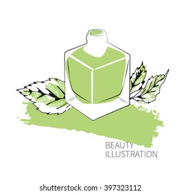 Green Nail Polish, Nail Lacquer, Fingernail Polish, Nail Enamel Set. Make Up, Cosmetics. Hand drawn vector illustration. Line art ink sketch.