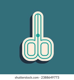 Green Nail scissors icon isolated on green background. Manicure and pedicure scissors. Long shadow style. Vector