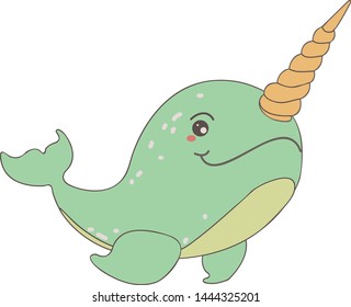 A green narwhal cartoon used to decorate the image or children's books to enhance knowledge