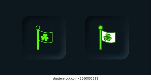 Green National Ireland flag with clover trefoil leaf icon isolated on black background. Happy Saint Patricks day. National Irish holiday. Black square button. Vector