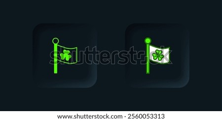 Green National Ireland flag with clover trefoil leaf icon isolated on black background. Happy Saint Patricks day. National Irish holiday. Black square button. Vector