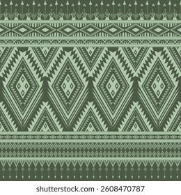 Green Native southwest Ethnic pattern. Asian Tribal Embroidery Geometric aztec abstract Navajo seamless textile print background. Design for fabric, sarong, batik, wallpaper, silk