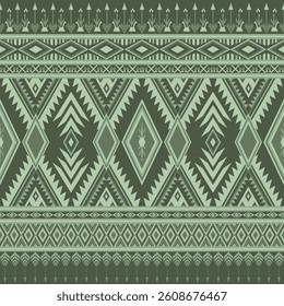 Green Native southwest Ethnic pattern. Asian Tribal Embroidery Geometric aztec abstract Navajo seamless textile print background. Design for fabric, sarong, batik, wallpaper, silk