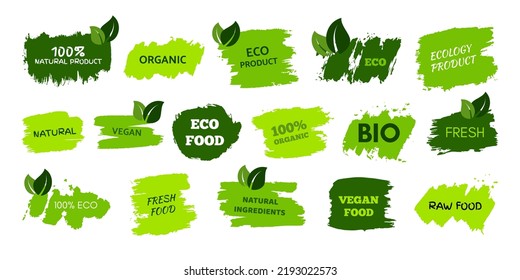 Green natural bio labels. Big set of green organic, bio, eco, vegan labels on hand drawn stains. Vector illustration