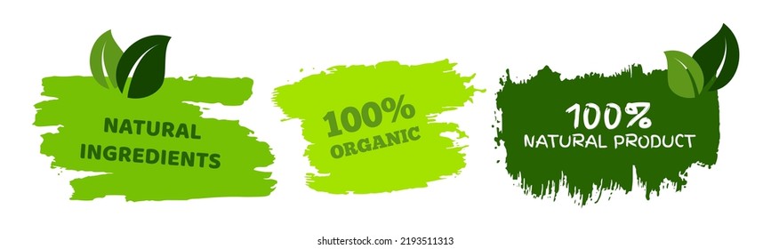 Green natural bio labels. Set of three green organic, bio, eco, vegan labels on hand drawn stains. Vector illustration