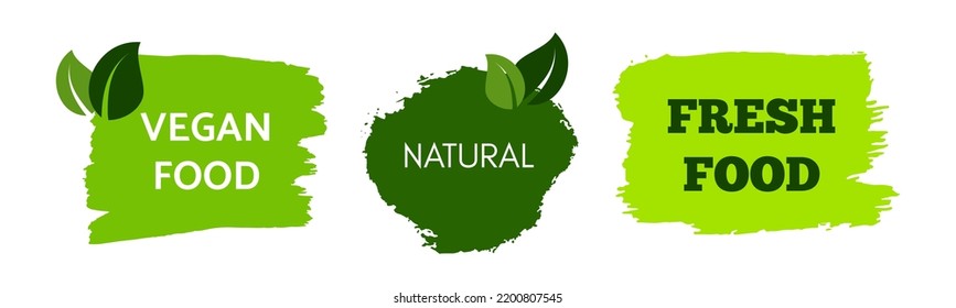 Green natural bio labels. Set of three green organic, bio, eco, vegan labels on hand drawn stains. Vector illustration
