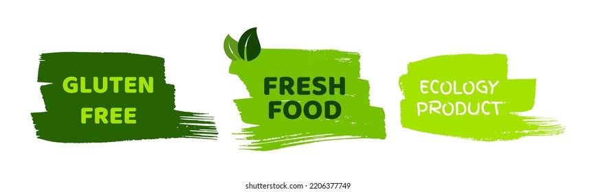 Green natural bio labels. Set of three green organic, bio, eco, vegan labels on hand drawn stains. Vector illustration