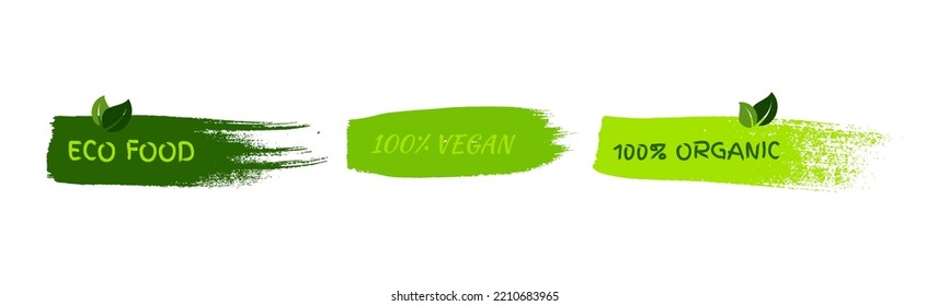 Green natural bio labels. Set of three green organic, bio, eco, vegan labels on hand drawn stains. Vector illustration