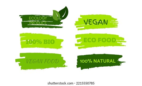 Etiquetas biológicas naturales verdes. Conjunto de etiquetas ecológicas, biológicas, ecológicas y veganas en manchas dibujadas a mano. Ilustración del vector