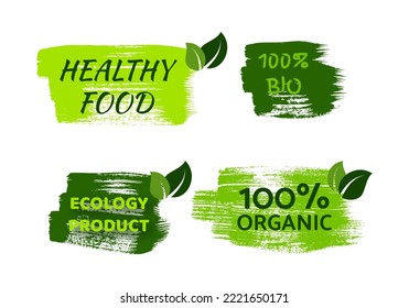 Green natural bio labels. Set of green organic, bio, eco, vegan labels on hand drawn stains. Vector illustration