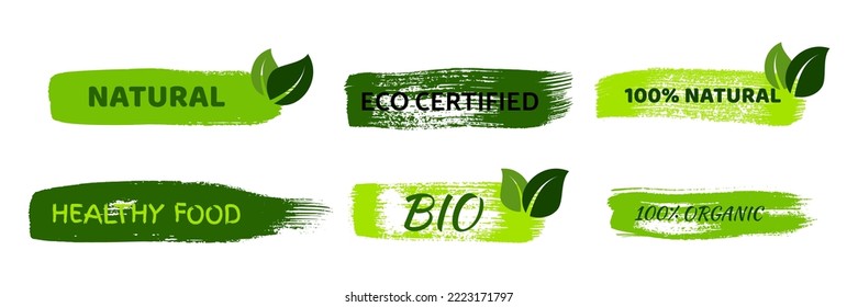 Green natural bio labels. Set of green organic, bio, eco, vegan labels on hand drawn stains. Vector illustration