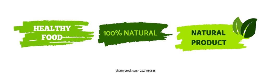 Green natural bio labels. Set of three green organic, bio, eco, vegan labels on hand drawn stains. Vector illustration