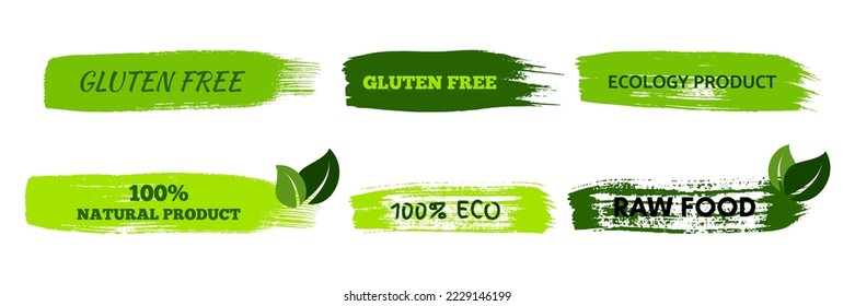 Green natural bio labels. Set of green organic, bio, eco, vegan labels on hand drawn stains. Vector illustration