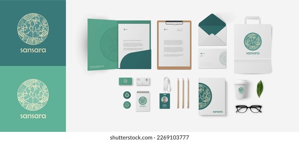 Green natural corporate identity design template with circle logo and mild gamma background. Branding for ecological company or yoga center, vegan shop or cosmetics market. Premium vector bundle.