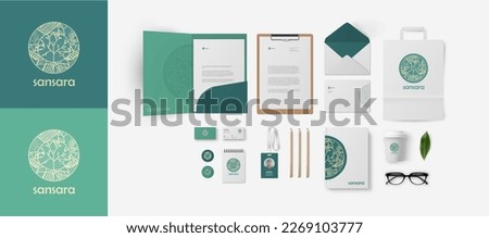 Green natural corporate identity design template with circle logo and mild gamma background. Branding for ecological company or yoga center, vegan shop or cosmetics market. Premium vector bundle.