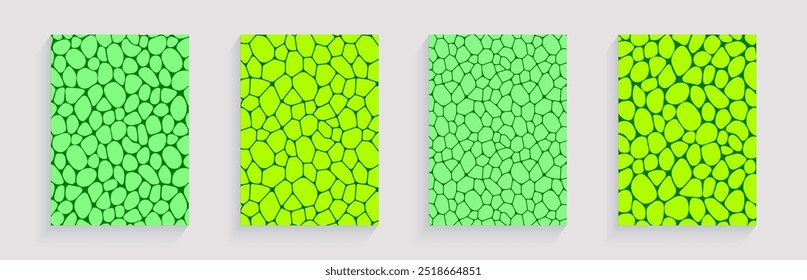 Green natural covers set vector illustration. Leaf structure close up posters. Cell background. Plant template texture for eco, organic, agro, food and drink designs. Fresh greenery wallpaper.