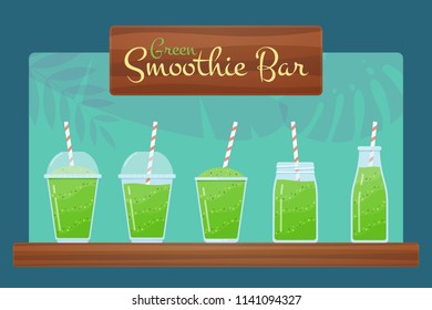 Green natural detox diet smoothie vector set. Healthy energy beverage, ice milk cocktail in jar, glass or bottle with summer sign Smoothie Bar for vitamin desert design or health food restaurant menu