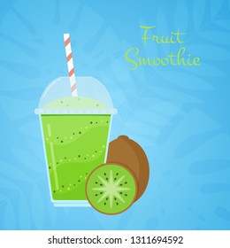 Green natural detox kiwi smoothie vector illustration. Health vitamin cocktail with fresh kiwi fruit in straw cap glass on blue tropical background for smoothie bar summer promo or web banner template