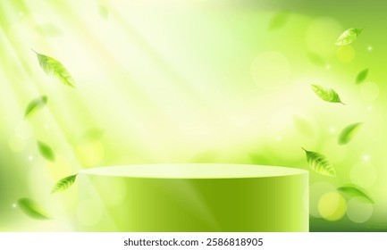 Green natural eco background leaves and 3d podium. Cosmetics advertising, tea. Vector illustration.