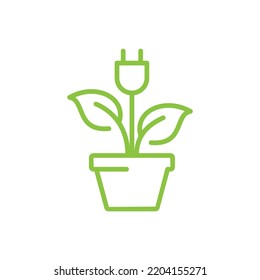 Green natural energy line vector icon. Electric plug and plant, eco, renewable resources outlined symbol.