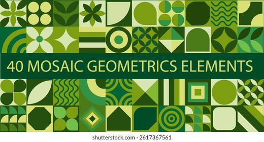 Green natural geometric shapes in tiles bauhaus style, decorative abstract art, banner, wallpaper, element design