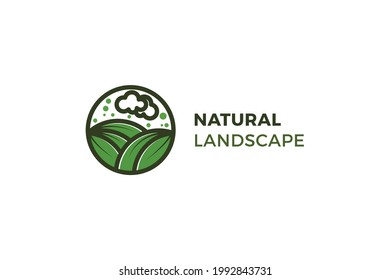 Green natural landscape view with farming land and cloud logo