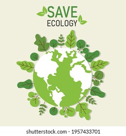 Green natural leaf and tree on the world. World environment day. save ecology eco friendly concept. vector illustration in flat style modern design.