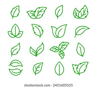 Green natural linear icons leaves, sprig and branches of plants set silhouette