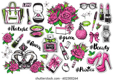 Green natural makeup and lady accessories, cosmetics, flowers stickers and patches collection. Vector fashion illustration in vogue style.