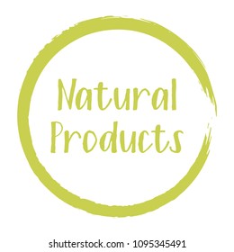 Green natural products icon, package label vector graphic design. Natural origination and ingredients products label, sign, round stamp isolated clip art, circle tag or sticker vector emblem.