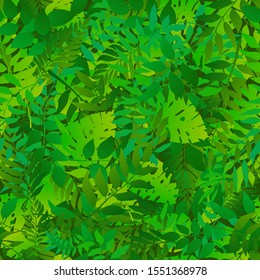 Green natural seamless pattern with natural leaves. Bright fresh green botanic repetitive pattern. Vector illustration for your graphic design.