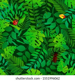 Green natural seamless pattern with natural leaves. Bright fresh green botanic repetitive pattern. Vector illustration for your graphic design.