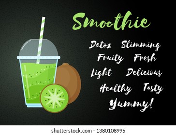 Green natural smoothie kiwi shake vector illustration. Sign Smoothie on black background, glass with cup and straw, filled with sweet tasty green smoothies drink cocktail for healthy detox web banner