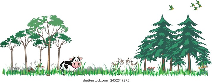 green natural template banner grass, tree, bird, insect, goat, cow, Eps 10 vector design.