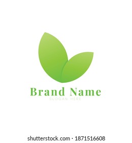 Green natural two leaf vector logo illustration template, modern and gradient style