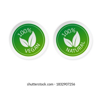 Green natural and vegan stickers set in flat style. Vector illustration.