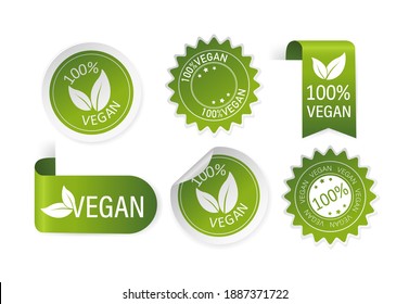 Green natural and vegan stickers set in flat style. Vector illustration.