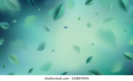 Green nature abstract background with flying spring leaves vector design