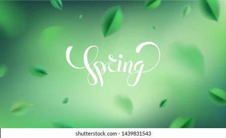 Green nature abstract background with flying spring leaves vector design