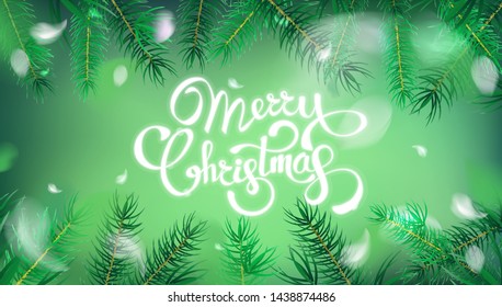 Green nature abstract panoramic background with fir tree leaves and Merry Christmas text vector banner or greeting card design