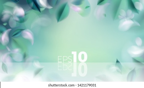 Green nature background with blurred flying spring leaves vector illustration
