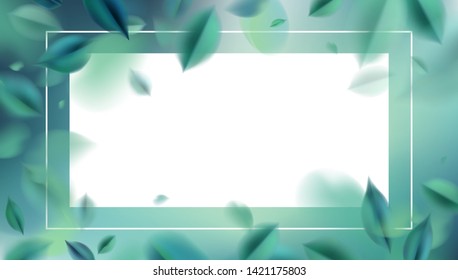 Green nature background with blurred spring leaves and white frame vector illustration