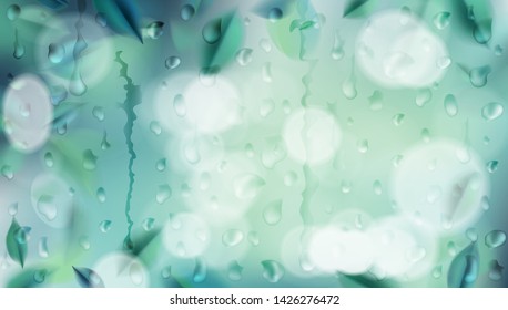 Green nature background with blurred spring leaves and rain drops vector illustration