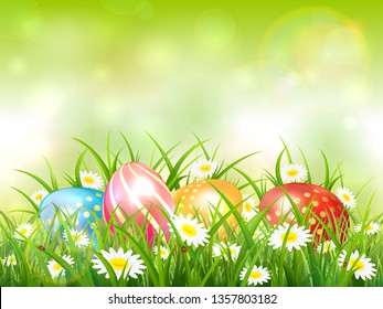 Green nature background with colorful Easter eggs on grass with flowers, illustration.