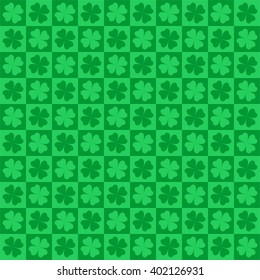 Green nature background with dark and light green four leaf clovers in green squares alternately light and dark in a row and the row