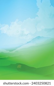 Green nature background. Fields and mountains landscape.  Abstract minimal background. Watercolor textured vector art. 