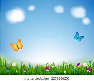 Green Nature Background With Flowers And Grass With Gradient Mesh, Vector Illustration