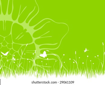 Green nature background with grass, pollen and wheat bottom edge and flower backdrop.