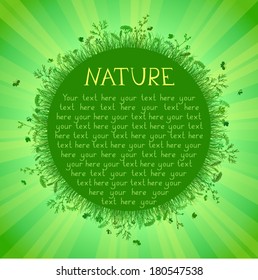 Green nature background with green grass, sunburst and flowers. There is place for your text.