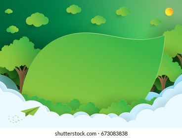 Green nature background with leaf template paper art style.Ecology and environment concept conservation.Vector illustration.